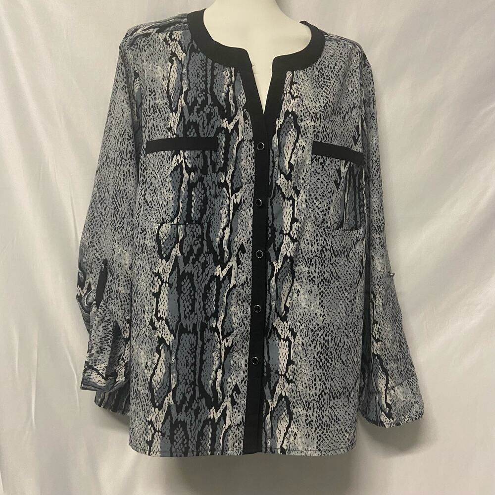 Elementz Top Blouse Button Up PXL Black Gray Petite Roll Tab Sleeves